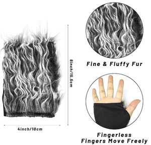 Detail of gray faux fur fingerless gloves for Halloween showing dimensions and soft texture