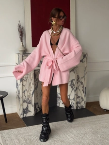 Pink mid-length knit cardigan featuring a waist tie design and loose long sleeves style