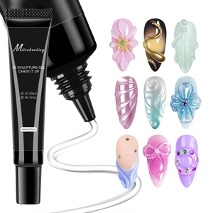 Macro shot of 15ml 3D nail art gel tube with embossed sample designs and no-wipe finish