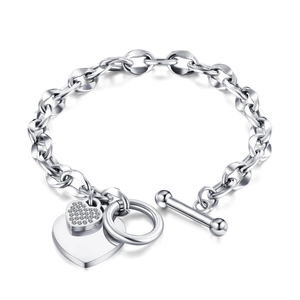 Retro titanium steel toggle bracelet featuring silver heart charms and pavé crystals