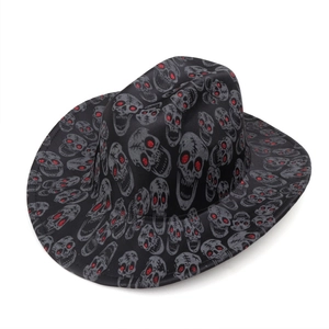 Gothic Western Cowboy Hat Skull Print Red Glitter Eyes Jazz Fedora For Halloween Party Performance Men Women Black