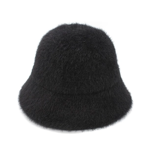 Close-up of the soft black faux mink fur texture on this warm winter bucket hat