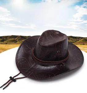 Detail of dark brown western cowboy hat featuring leaf texture and adjustable wind rope