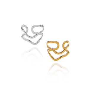 Minimalist double-layer wave open ring in polished gold and silver finishes