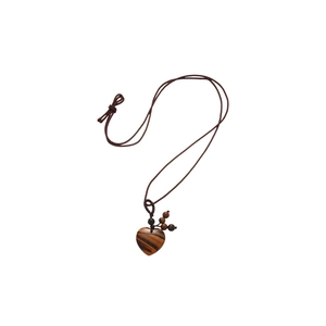 Natural heart wood pendant necklace with brown woven rope and beads on white background