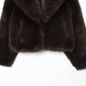 Short faux fur coat in dark coffee brown with a large lapel and thick texture for women