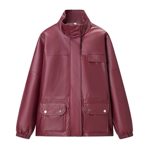 Women PU Leather Jacket Burgundy Stand Collar Zipper Long Sleeve Utility Pocket Streetwear Casual Outerwear Coat