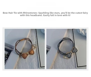 Detail of crystal bow hair ties in gold and silver finish with rhinestone charms