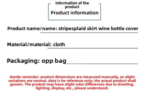 Specifications for plaid skirt wine bottle cover made of cloth material in OPP bag