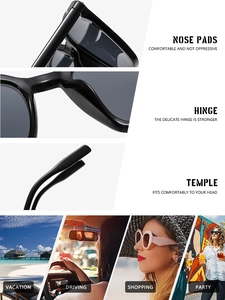 Detailed views of square frame sunglasses with metal hinges and various style scenes