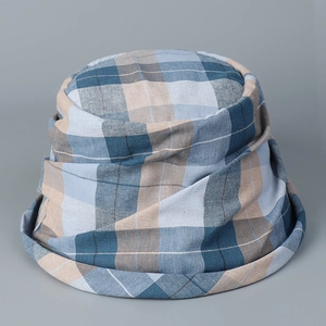 Blue and beige plaid fisherman hat with a vintage brim and Japanese minimalist style