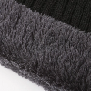 Winter knit beanie and neck warmer set with warm grey faux fur lining and black knit exterior