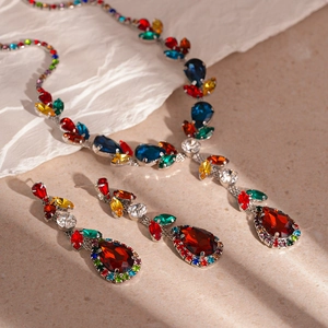 Colorful zircon crystal leaf and teardrop necklace and earring set in silver plating