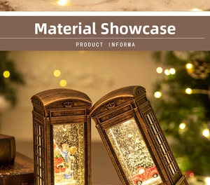 Detail of vintage bronze Christmas telephone booths with snowman and truck landscapes