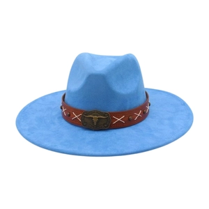 Vintage Suede Western Cowboy Fedora Hat Wide Brim Ethnic Sun Hat With Bull Head Buckle Leather Band For Men Women Travel Photography