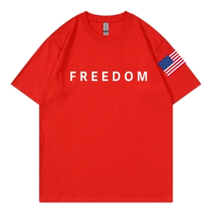 Red cotton T-shirt with Freedom print and American flag detail on the sleeve
