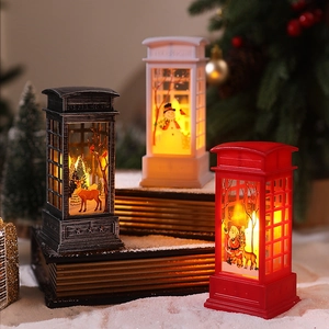 Close-up of retro telephone booth Christmas lanterns with Santa and elk patterns