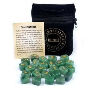 25pcs green natural crystal rune stones set with gold engraving and black velvet pouch