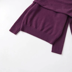 Deep purple long sleeve off-shoulder knit sweater with ribbed cuffs and hem