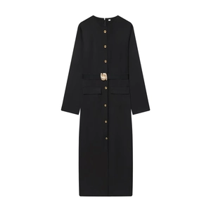 Robe Mi-longue Élégante À Manches Longues Coupe Ajustée Col Rond Boutons Dorés Avec Ceinture Poches Polyester Noir Femme
