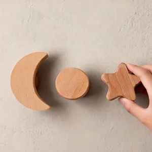 Creative moon star circle wooden wall hooks and knobs set with natural grain