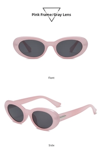 Front and side view of retro oval sunglasses with pink translucent frame and gray lenses