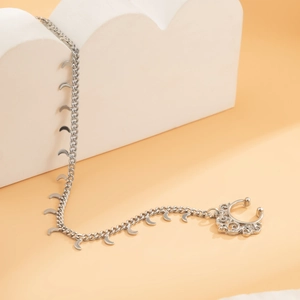 Silver boho nose chain with crescent moon pendants and hollow pattern earring stud