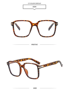 Detail view of demi tortoise square eyewear frame showing positive and side profiles