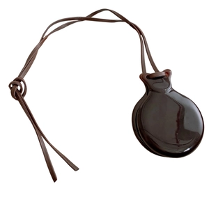Minimalist dark brown polished leather mirror pendant necklace with adjustable cord