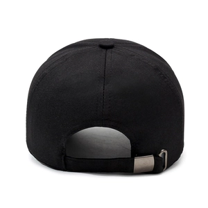 Classic black cotton baseball cap with adjustable silver metal buckle rear view