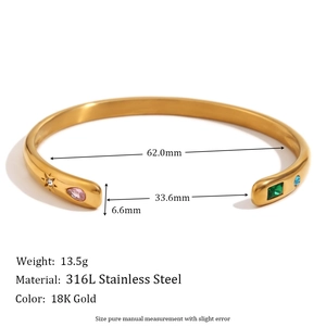 Detailed view of 18K gold stainless steel bangle with colorful zircon and dimensions