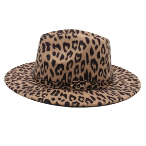 Classic leopard print felt fedora hat with gold buckle detail on a white background