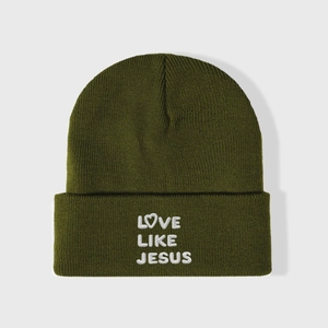 Olive green knit beanie with white Love Like Jesus embroidery and heart design