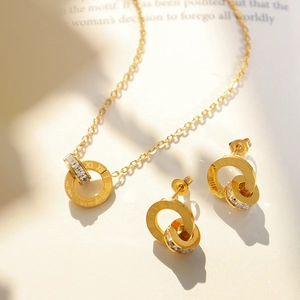 Luxury gold Roman numeral necklace and earrings set with zircons in titanium steel