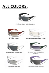 Detailed catalog showing seven color options for Y2K rimless sunglasses with star accents