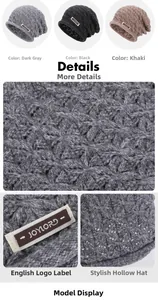 Detail view of knitted openwork beanies in dark grey, black, and khaki with logo labels