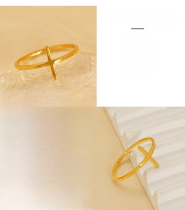 Macro detail of 18K gold-plated stainless steel ring with elegant cross geometric design