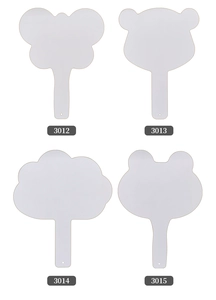 Four blank white DIY fans in butterfly bear cloud and frog shapes with long handles