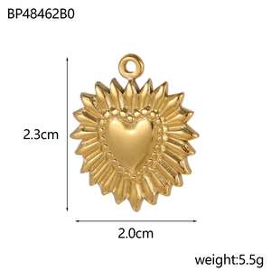 Golden heart pendant with sunburst texture and precise dimensions measurement detail