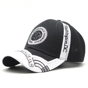 Detail of Washington D.C. embroidery on a black and white cotton baseball cap
