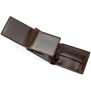 Deep brown leather wallet interior with card slots, coin pocket, and ID window