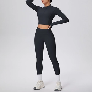 Détail d'un ensemble de yoga avec passe-pouces et leggings sculptants à taille haute