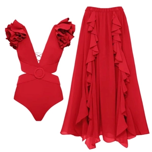 Deep red two-piece swimsuit set with 3D floral shoulders and matching ruffled maxi skirt