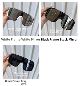 Detailed view of three sports sunglasses featuring white and black frames with mirrored lenses