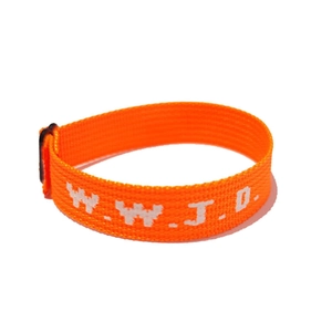 Detail of an orange woven W.W.J.D. bracelet with a black plastic clasp closure