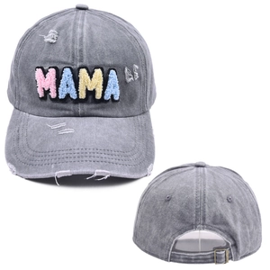 Washed grey MAMA embroidered baseball cap with vintage distressed details and adjustable strap