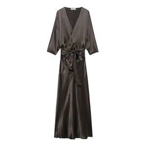 Elegant dark grey satin maxi dress with V-neck, kimono sleeves and waist tie belt