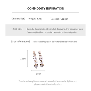 Detailed chart showing heart drop earrings dimensions 3.6cm by 0.8cm in gold copper