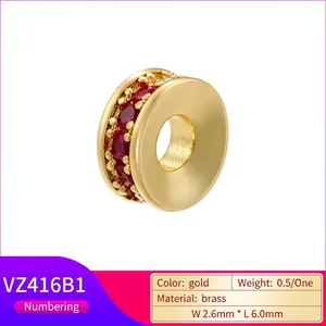 Gold plated brass wheel bead with red zircon pavé for handmade jewelry making