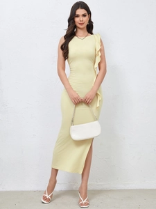Vestido Maxi Sin Mangas Satén De Leche Color Sólido Abertura Lateral Volantes Elegante Ajustado Cintura Alta Largo